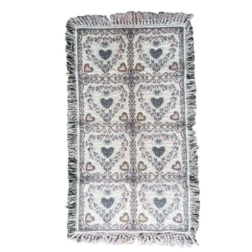 Vtg Woven Tapestry Cottagecore Rug W/ Fringe Hearts Pink Blue Gray Throw Rug 38"